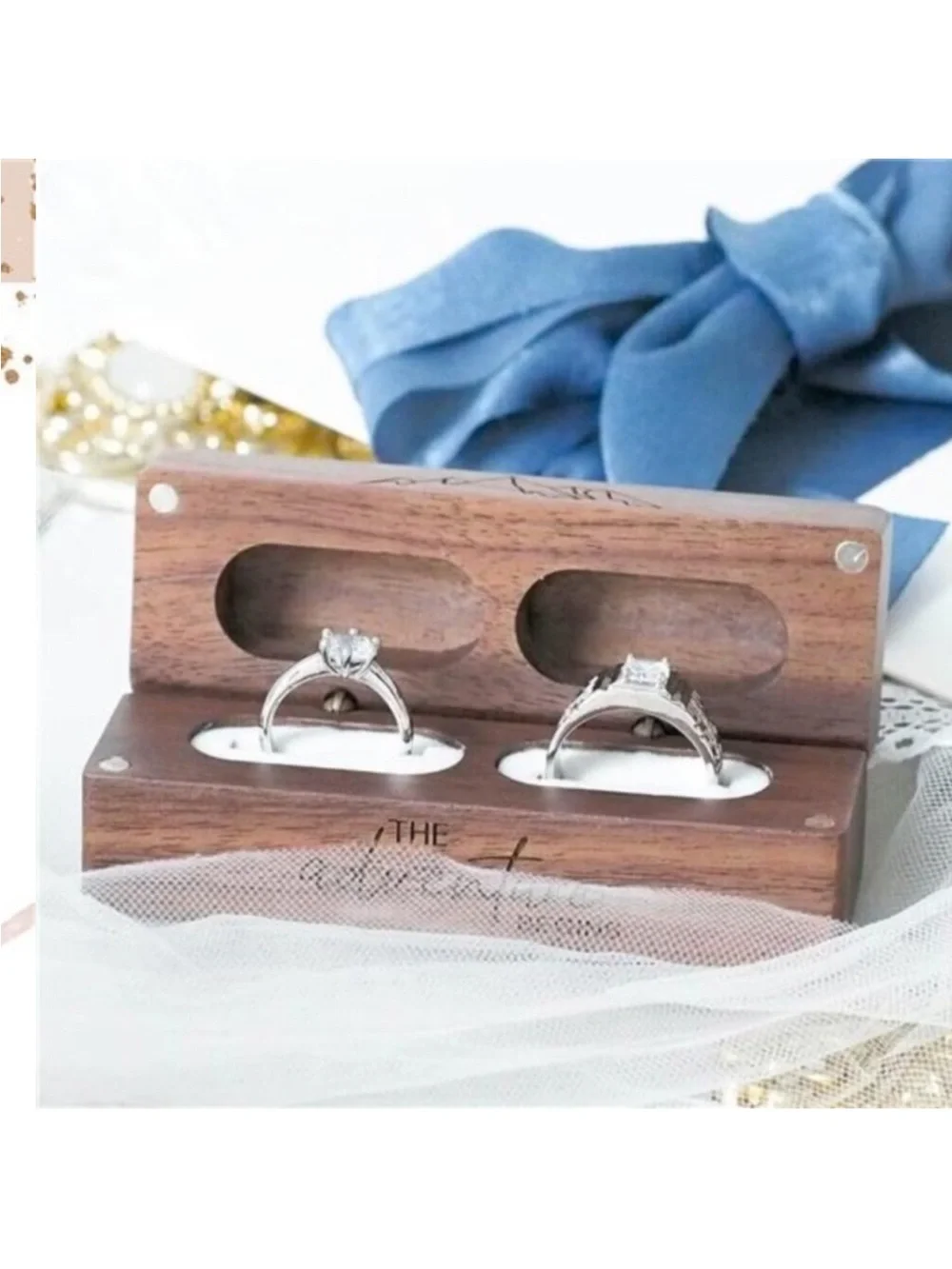 Engraved Flip Wooden 2 Ring box for wedding -Rustic Vintage Solid Wood rectangle